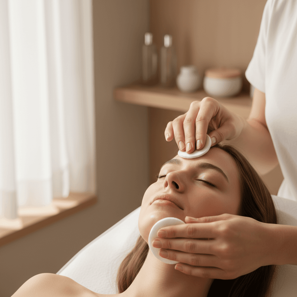 Esthetician gently examining a client's skin in a calm studio