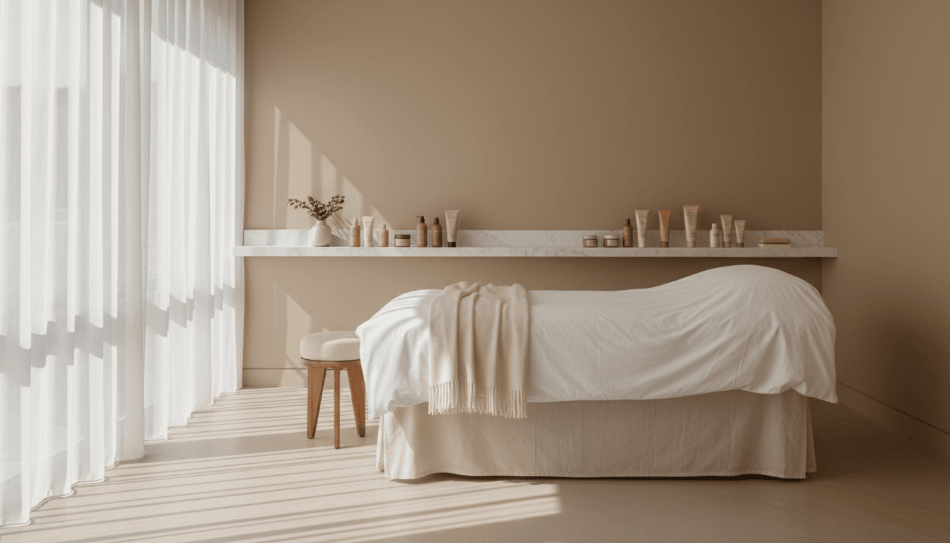 Serene minimalist beauty studio interior with natural light and a treatment bed