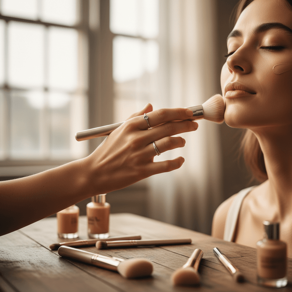 Makeup artist blending foundation to match natural skin