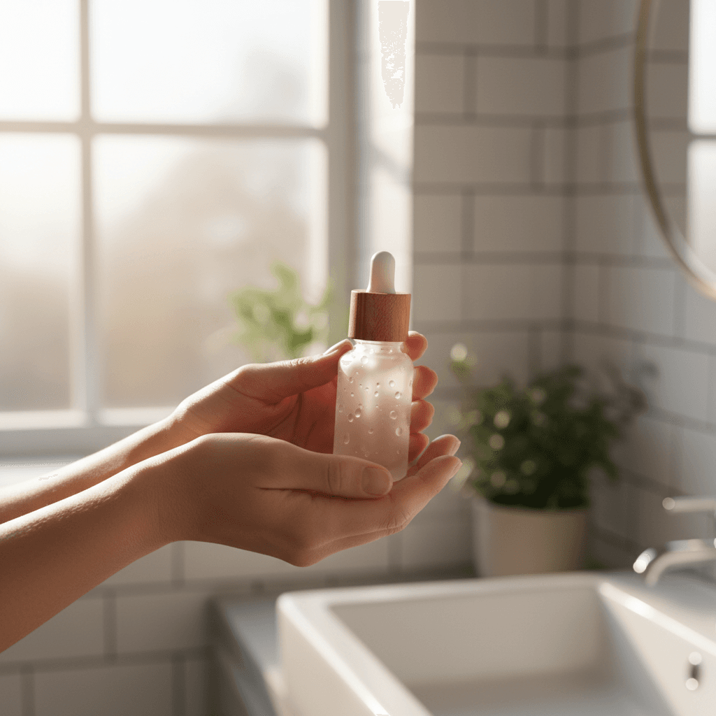 Client holding a skincare bottle in soft morning light