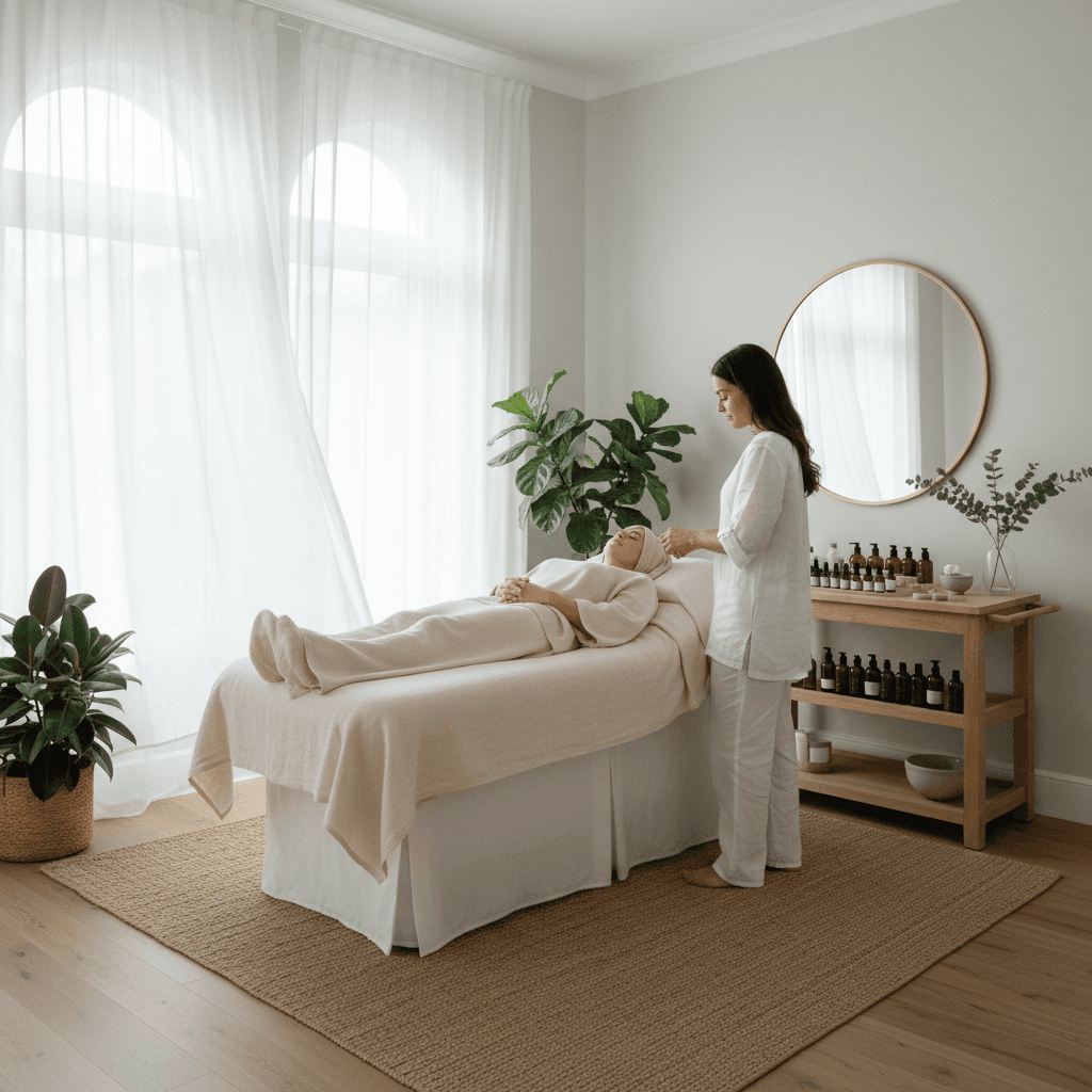 Calm facial treatment room prepared for a personalized session