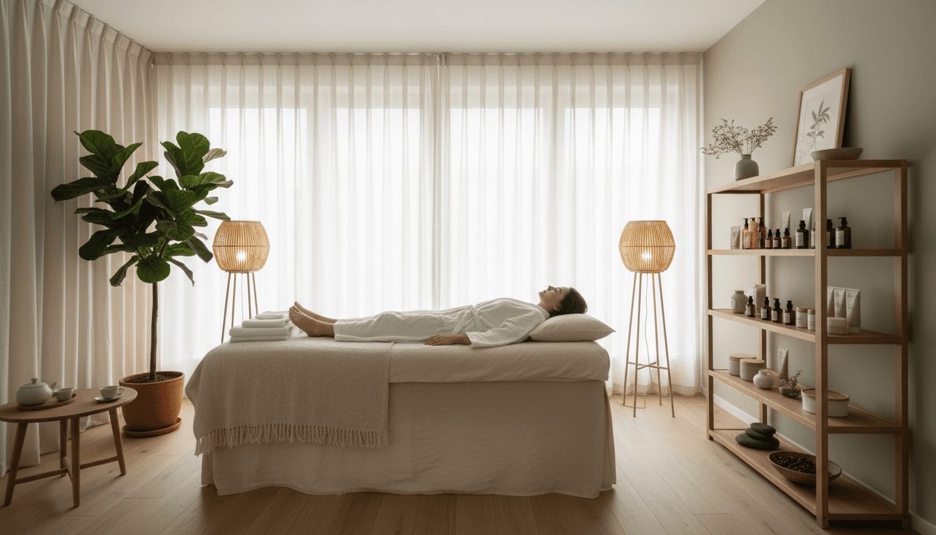 A serene treatment room at Maison Elara Beauty with soft natural light and minimalist decor