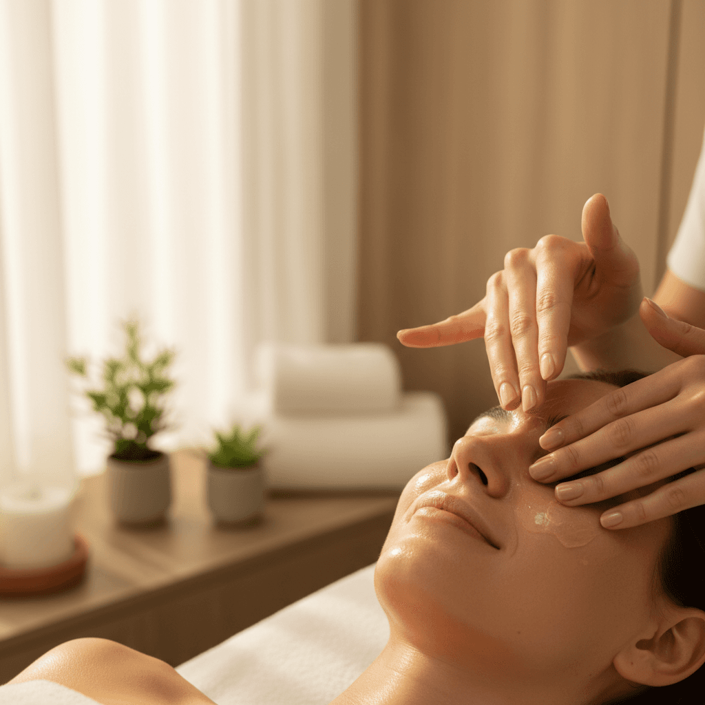 Skincare specialist applying serum during a facial treatment