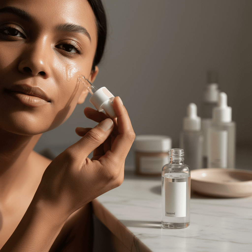 Handwritten skincare routine beside small serum bottles