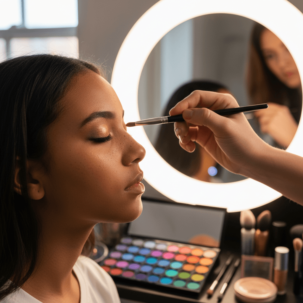 Makeup artist applying eyeshadow to a client in a bright studio