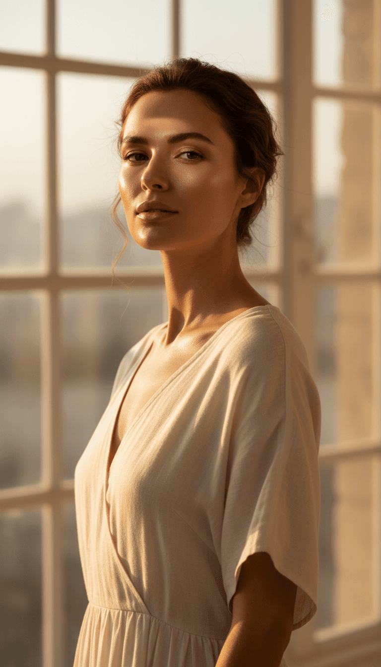Woman with glowing skin relaxing in a serene minimalist beauty studio in Toronto