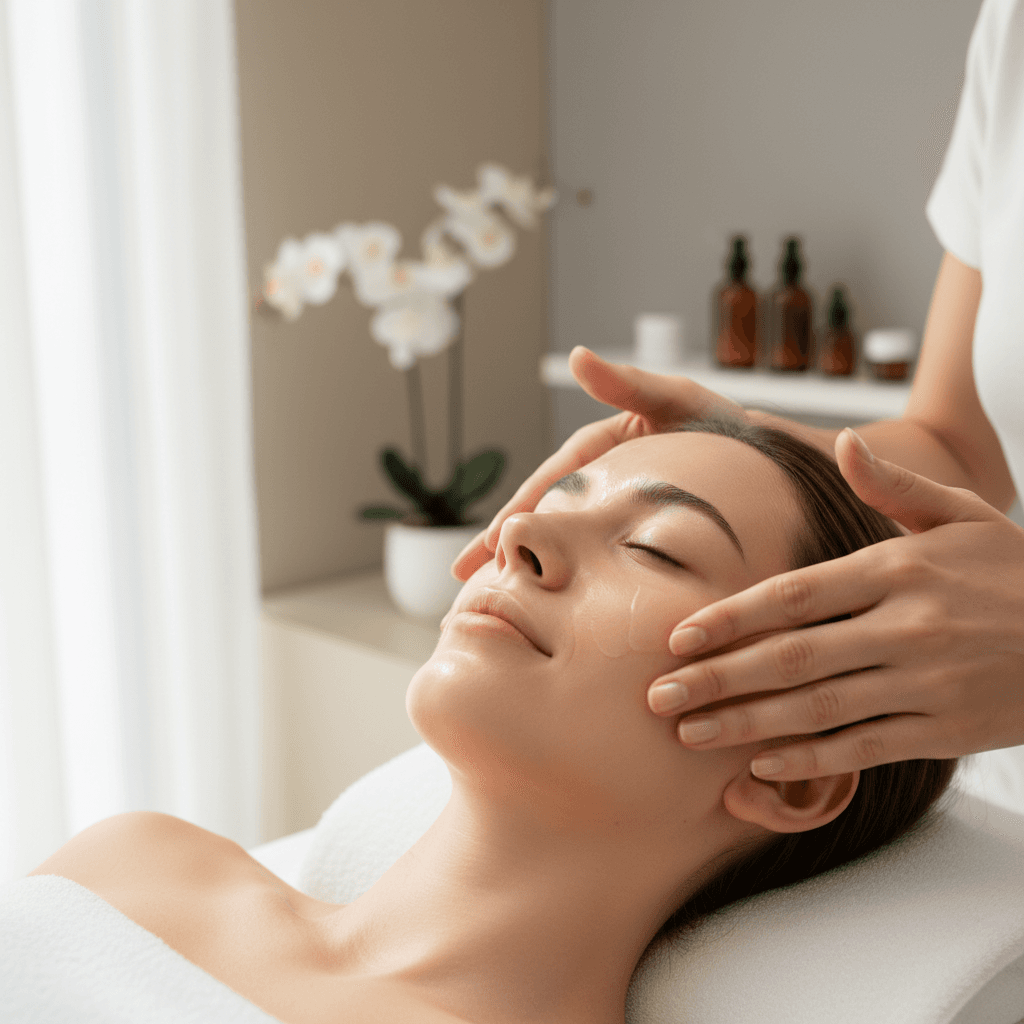 Esthetician applying serum to a relaxed client's face during a facial