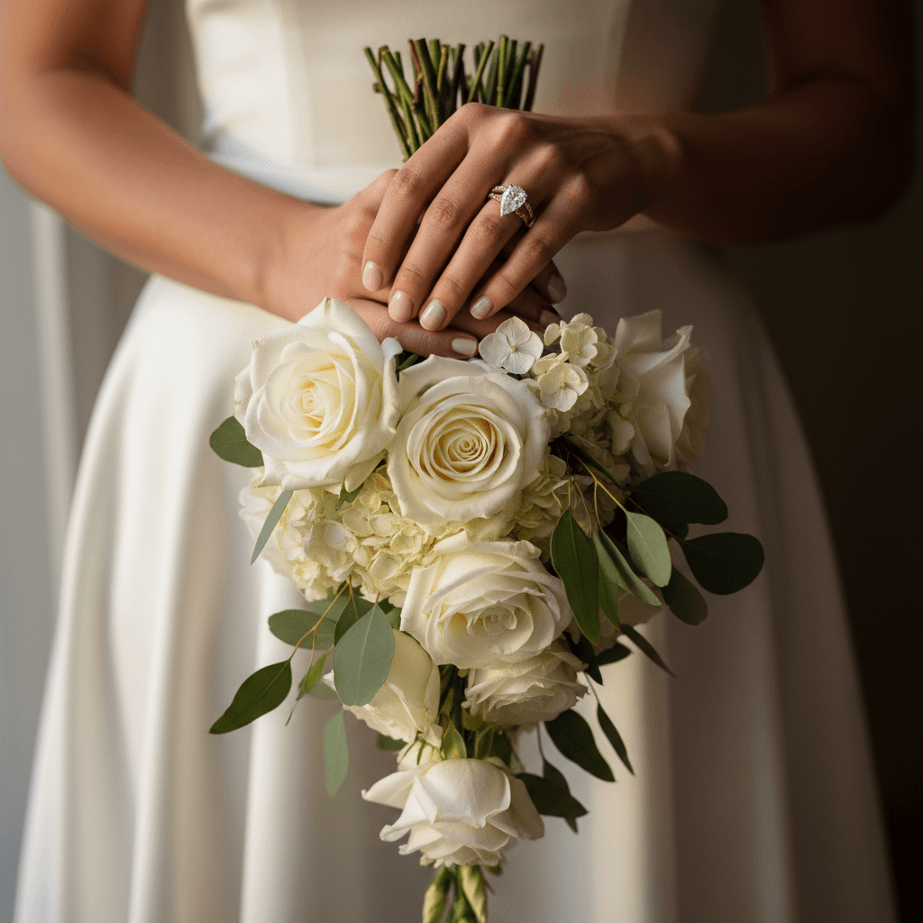Bride looking into a mirror while makeup artist adjusts her look