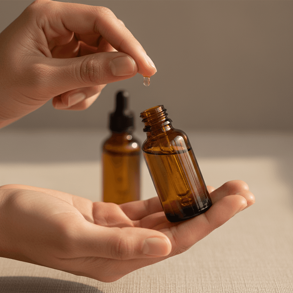 Hands holding a clear serum bottle near a vanity with plants